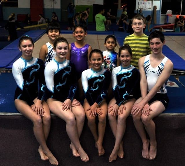 Members of the Motion Gymnastics Trampoline and Tumbling Team who recently competed in Salt Lake City, bottom row (l-r): Nicole Kedoin, Hailey Zaggi, Katie Prikril, Rose Gertzman and Eli Meisel.  Top row (l-r): Dawson Sharma, Sophia Sharma, Genevieve Sharma and Lance Christopher.