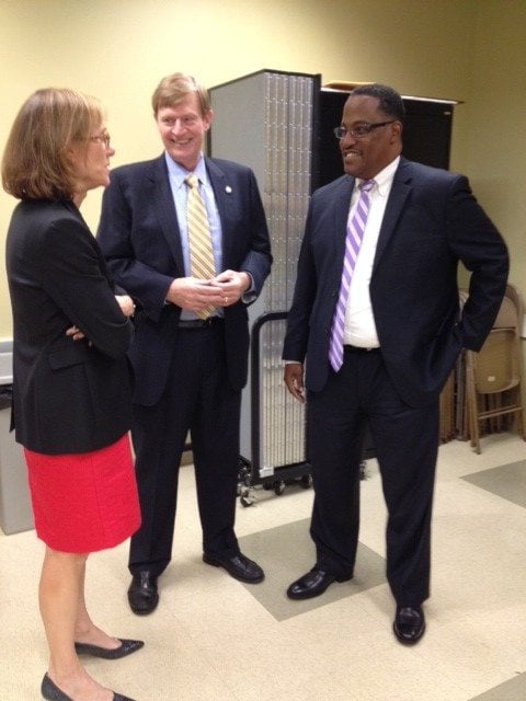 New Princeton Administrator Marc Dashield (r) chats with Peter Crowley of the Princeton Regional Chamber of Commerce and Councilwoman Jo Butler Monday night at a reception celebrating his appointment. 