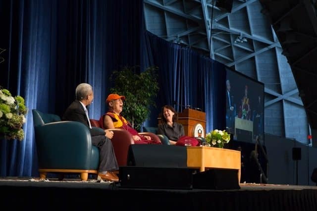 The Dalai Lama shares a laugh with Princeton University Chapel Dean Alison Boden. Photo courtesy of Princeton University. 