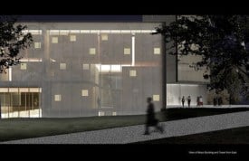 This night rendering of the Music Building, at left, and the Tower, at right, seen from the east. Artwork courtesy of Steven Holl Architects. 