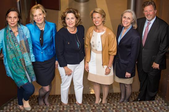 (l-r) - McCarter Theatre Artistic Director Emily Mann with outgoing board members Elizabeth Christopherson, Kathleen Nolan, Gigi Goldman, Cynthia Cherrey, and McCarter Board Chair Brian J. McDonald. Photo: Matt Pilsner.