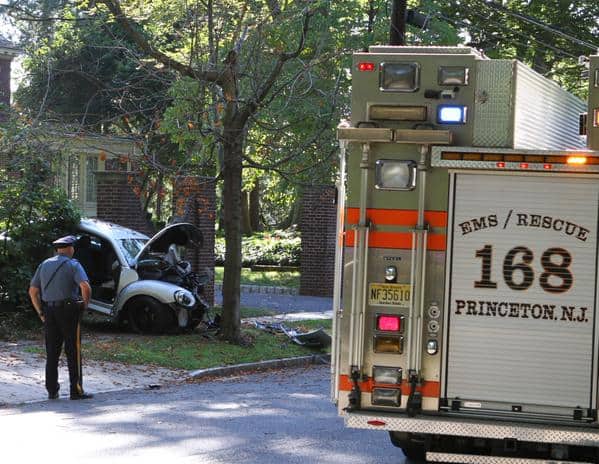 The car hit a wall and a tree. Photo: Seth Callen. 