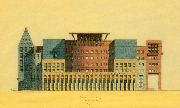 Michael Graves (American, 1934–2015). Denver Central Library, South Facade, 1993. Graphite and colored pencil on tracing paper, 40.6 × 68.6 cm. All artwork Estate of Michael Graves